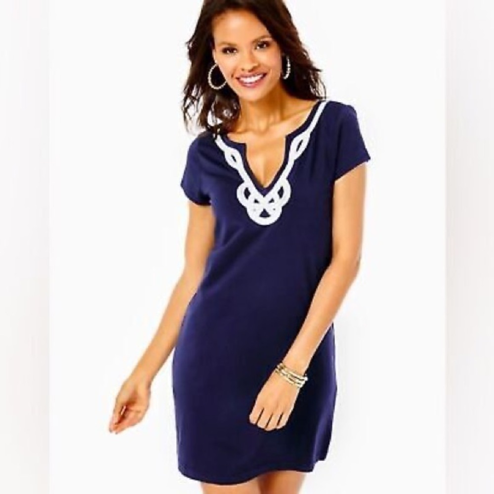 Women’s LILY PULITZER Brewster navy blue pima cotton shift dress Size Small